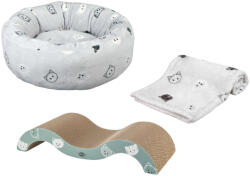 TRIXIE Trixie Mimi puha plüsstakaró, világosszürke+ macskaágy+kaparódeszka szettben