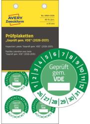Avery-Zweckform Avery időjárásálló öntapadó plakett Vinyl "Geprüft gem. VDE" 2026-2031 év Ø 30 mm - zöld (6984-2026)