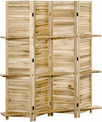 HomCom Összecsukható szobaparaván 4 ajtóval és polcokkal Paulownia fából, 162x170 cm, Fa