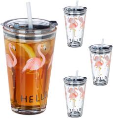 Relaxdays Set Relaxdays de 4 căni de sticlă cu flamingo (10064345) Pahar