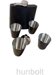  Fekete bevonatos, exkluzív fém flaska + 4 kupica+tölcsér