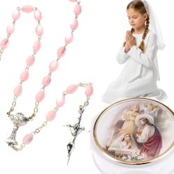  Rózsaszín úrvacsorai rózsafüzér kislánynak, kézzel készített tokkal