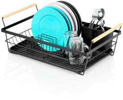 Vilde Edénytartó tálca, Vilde, 505x33x18 cm, rozsdamentes acélból, kivehető csepegtető tálca, 10 tányérnak elegendő hely, fa fogantyúk, fekete (229189)