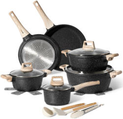 Just Perfecto Set oale si tigai Just Perfecto JL-27, 15 piese, Aluminiu turnat, Acoperire din marmura, Inductie, Accesorii, Dark graphite (JL-27 black)