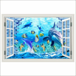  Öntapadó és mosható falfestmény Dolphin Window, zátony, hal, téglafal, 250 x 170 cm