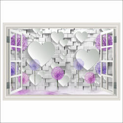  Öntapadós és mosható falikép Ablaklila pitypangok, fehér téglafal, szívek, 180 x 120 cm