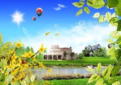  Öntapadó és mosható falfestmény Repülő házak felett, 250 x 200 cm