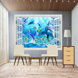  Öntapadós és mosható falfestmény Ablak Delfin, zátony, hal, téglafal, 180 x 120 cm