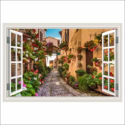 Foto Háttérkép Ablak Macskaköves utca, virágok, középkori város, 300 x 200 cm