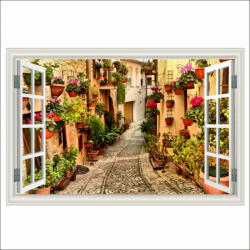  Öntapadós és mosható falfestmény, Ablak utca virágokkal Spellóban, Umbriában, 180 x 120 cm