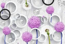  Öntapadó és mosható falfestmény Lila és fehér pitypang, fehér és fekete körök, 250 x 200 cm