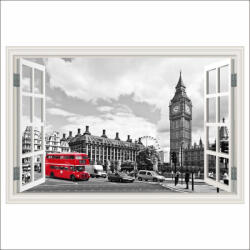  Öntapadó és mosható falfestmény London Window, piros busz, fekete-fehér, 300 x 200 cm
