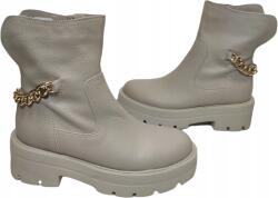 Arka Női bézs bokacsizma platform talppal, traper stílusú, lánccal, Bioeco 7663 bőr méret38 (7663)