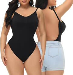 Figninget Body Modelator Figninget pentru Femei , Tanga Fara Cusaturi, Spate Decupat, Decolteu A n V, Culoare Negru , Subtiere Abdomen E i Modelare Talie, Marime 3XL