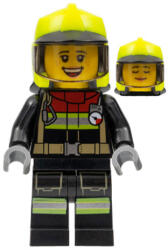 LEGO® Minifigura női tűzoltó fekete tűzoltóruhában, neon sárga tűzoltósisakban, napellenzővel (cty1356)