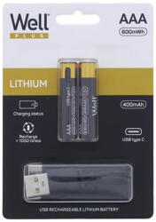 Well 400mAh 600mWh USB Type-C HR03 1, 5V Li-ion mikro akkumulátor AAA tölthető elem (Well-ACCU-10440-40C-BL2-WL)