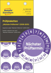 Avery-Zweckform No. 6989-2028 ibolyakék színű, 20 mm átmérőjű, öntapadós biztonsági hitelesítő címke, 2028-2033-as évszámmal, Nächster Prüftermin felirattal - kiszerelés: 120 címke / csomag