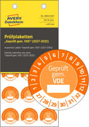 Avery-Zweckform No. 6983-2027 narancssárga színű, 20 mm átmérőjű, öntapadós időjárásálló felülvizsgálati címke, 2027-2032-es évszámmal, Geprüft gemäß VDE felirattal - kiszerelés: 120 címke / csomag