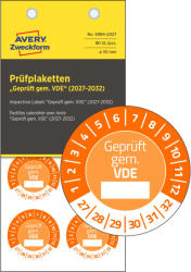 Avery-Zweckform No. 6984-2027 narancssárga színű, 30 mm átmérőjű, öntapadós időjárásálló felülvizsgálati címke, 2027-2032-es évszámmal, Geprüft gemäß VDE felirattal - kiszerelés: 80 címke / csomag