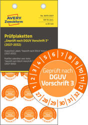 Avery-Zweckform No. 6975-2027 narancssárga színű, 20 mm átmérőjű, öntapadós időjárásálló felülvizsgálati címke, 2027-2032-es évszámmal, Geprüft nach DGUV Vorschrift 3 felirattal - kiszerelés: 120 címke / csomag
