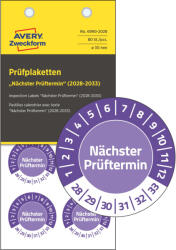 Avery-Zweckform No. 6990-2028 ibolyakék színű, 30 mm átmérőjű, öntapadós biztonsági hitelesítő címke, 2028-2033-as évszámmal, Nächster Prüftermin felirattal - kiszerelés: 80 címke / csomag