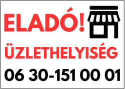 Dekory Studio Eladó üzlethelyiség tábla telefonszámmal és grafikával