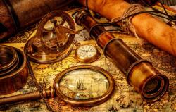  Falimatrica Térkép, nagyító, óra, távcső, iránytű, vintage, 400 x 250 cm