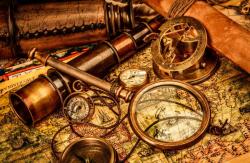  Matrica tapéta Térkép, nagyító, óra, távcső, iránytű, vintage2, 250 x 150 cm
