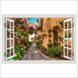  Falmatrica Ablak Macskaköves utca, virágok, középkori város, 200 x 135 cm