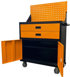  Gurulós műhelykocsi, 80×42 cm, acélszerkezet, 2 fiók, állítható polc, 4 db kerék (2 fékezhető), ergonomikus fogantyú, 35 kg teherbírás