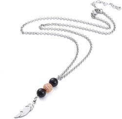  Ezüst Színű Nemesacél Rózsaarany Cirkónia Strasszos Toll Medálos Nyaklánc Fekete Achát Gyöngyökkel