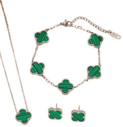  Ezüst Zöld Színű Lóhere Nyaklánc, Fülbevaló, Karkötő Szett