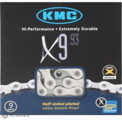 KMC X-9-93 lánc, 9 sebességes, 114 láncszem, ezüst/szürke