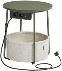 VASAGLE Kerek lerakóasztal szövet kosárral, beépített elosztóval, erdőzöld és krémfehér 45×50cm (LET228C05)