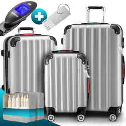 Debau 3 részes ABS keményfalú bőrönd szett 360°-os kerekekkel, ezüst színben, kiegészítőkkel