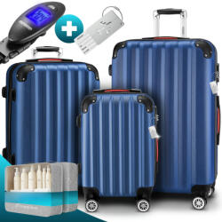 Debau 3 részes ABS keményfalú bőrönd szett 360°-os kerekekkel, kék színben, praktikus kiegészítőkkel