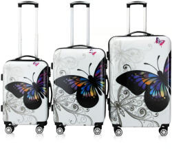Debau 3 részes polikarbonát keményfalú bőrönd szett pillangó motívummal 360° forgatható kerekekkel