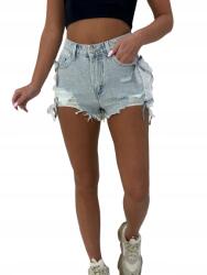  Női farmer rövidnadrág strasszokkal és csipkével, világoskék, Xs