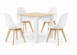 Klubfotel Étkezőasztal szett: NP 80×80 cm sonoma/fehér + 4 db KITO szék fehér/natúr láb