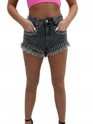  Női farmer rövidnadrág strasszokkal, elasztikus, szürke, Xs