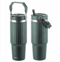 Florina Termo Bögre Szívószállal Nagy termosz Kulacs Rozsdamentes 890ml Zöld csíkos (383502)