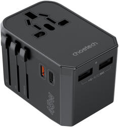 Choetech USB-C*2+A*2 (45W, fekete, travel, US, UK, EU, AU), töltő