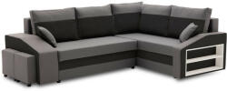 GreenSite Grande sarokkanapé polcokkal és puffokkal , polc a jobb karfaban puffok a bal karfaban, jobboldali, szövet anyag, hab töltet, szürke - fekete