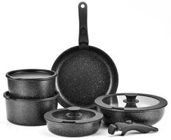  Tapadásmentes edénykészlet, 9 darabos, levehető fogantyúkkal, sütőben használható, indukciós tűzhelyen is használható, egymásra rakható kialakítás, prémium fekete gránit felület
