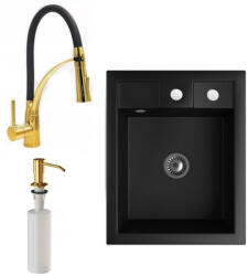 NERO Gránit Mosogató NERO Parma + Kihúzható Zuhanyfejes Duo-Flex Gold Csaptelep + Arany Adagoló + Szifon Matt Fekete