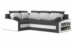 GreenSite Grande sarokkanapé polcokkal , polc a jobb karfaban, baloldali, szövet anyag, hab töltet, szürke - fehér