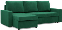 GreenSite Zeus sarokkanapé, 2 ágyneműtartóval, egyenes kartámasz, bársony, univerzális oldal, hab töltet, zöld