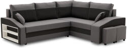 GreenSite Grande sarokkanapé polcokkal és puffokkal , polc a bal karfaban puffok a jobb karfaban, jobboldali, szövet anyag, bonell töltet, szürke - fekete