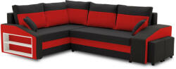 GreenSite Grande sarokkanapé polcokkal és puffokkal , polc a bal karfaban puffok a jobb karfaban, baloldali, szövet anyag, bonell töltet, fekete - piros