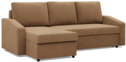 GreenSite Zeus sarokkanapé, 2 ágyneműtartóval, döntött kartámasz, szövet anyag, univerzális oldal, hab töltet, barna